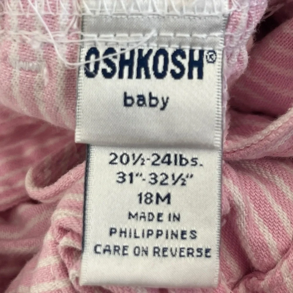 VTG Oshkosh Bgosh Baby Pink White Child Conductor Stripe Overall Dress Size 18M